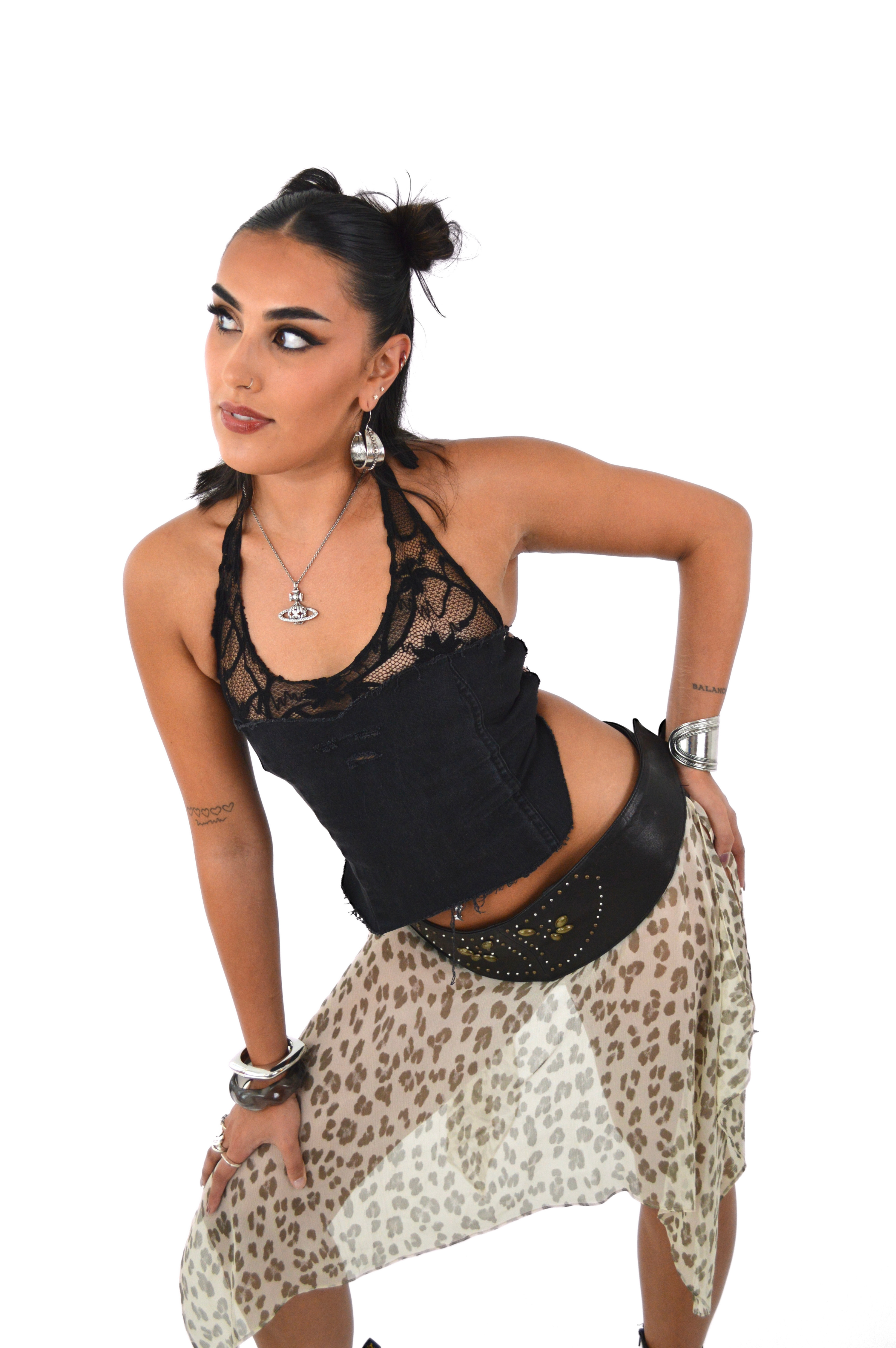 Vintage Levi’s reworked black denim corset with built-in mesh bralet and lace back