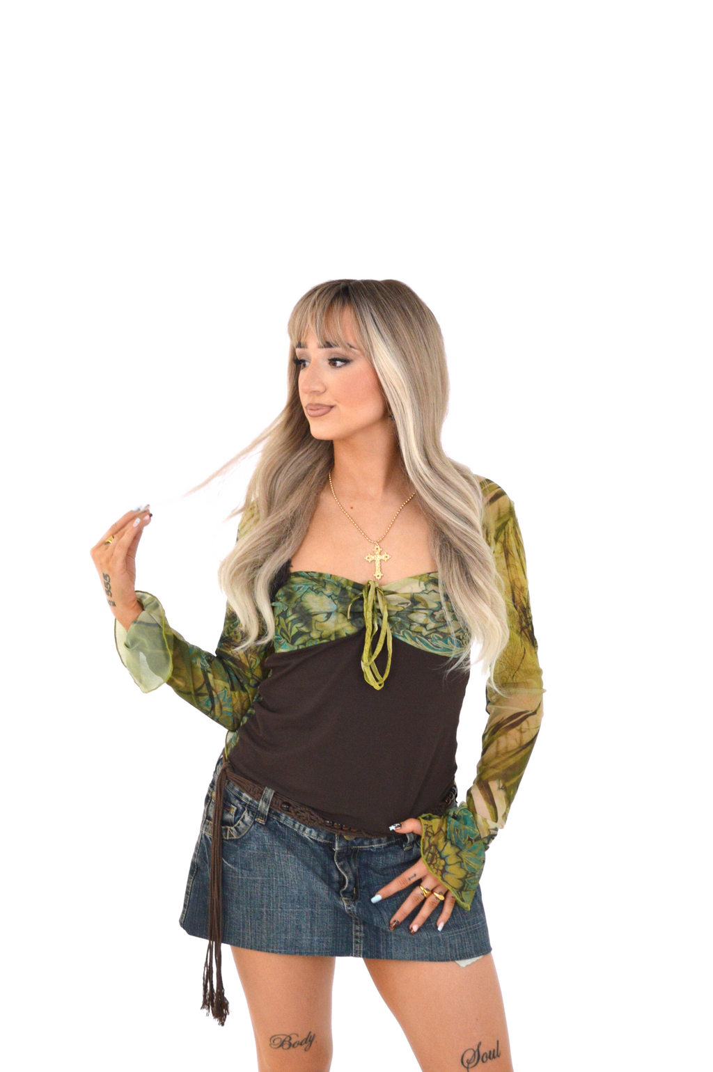 Jaded London green capulet mesh long sleeve top