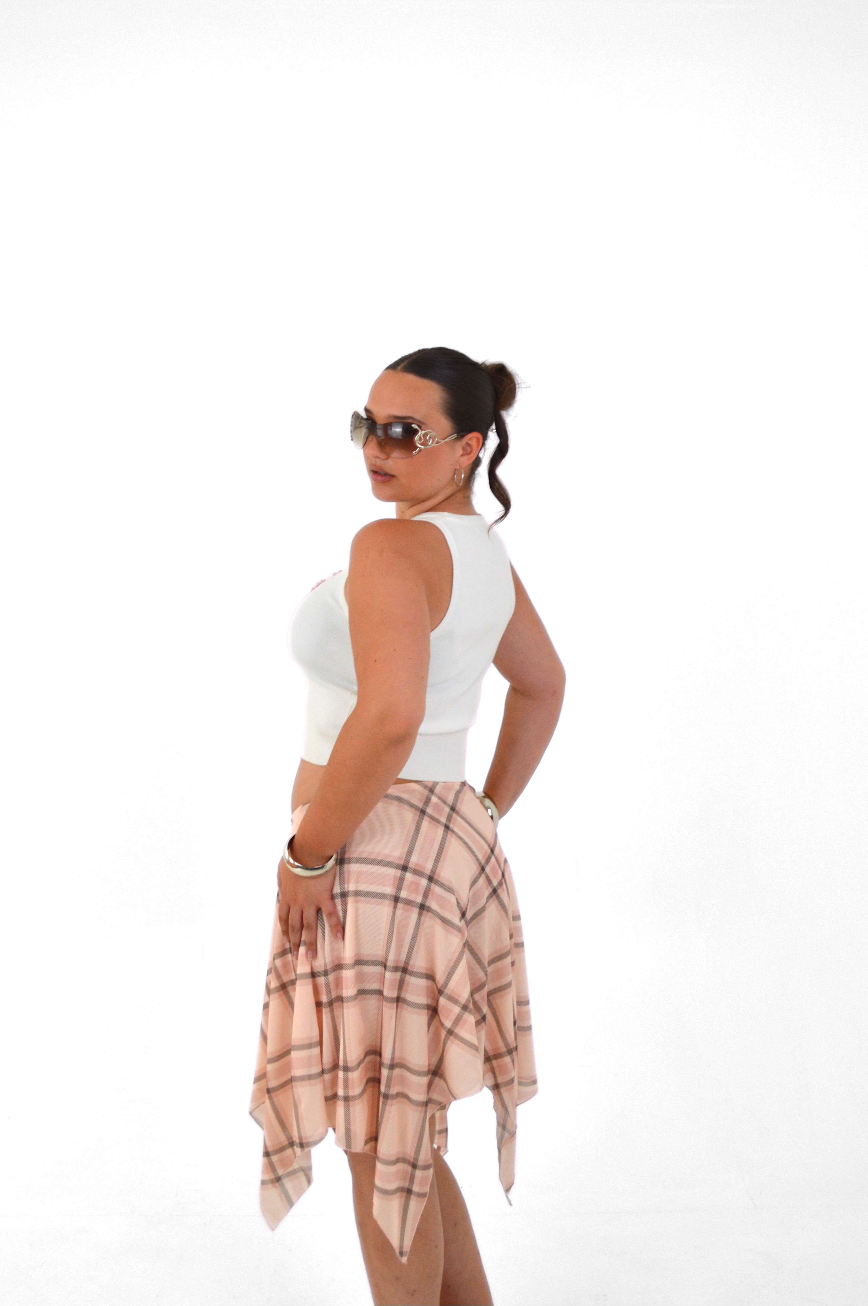 Pepper Mayo pink checked midi skirt